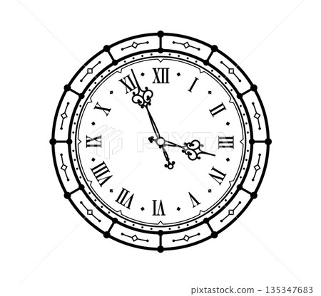 Vintage vector clock face with Roman numeral markers and intricate ornamental borders. Two decorated hands show the time with curled and floral tips. Antique design, craft tattoo, decorative clock Vintage vector clock face with Roman numeral markers and intricate ornamental borders. Two decorated hands show the time with curled and floral tips. Antique design, craft tattoo, decorative clock 135347683