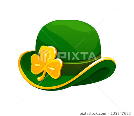 Cartoon green Leprechaun bowler hat with gold shamrock buckle. Vector festive cap, traditional headwear with golden clover emblem and a belt, symbolizing Irish culture and st Patrick day celebrations Cartoon green Leprechaun bowler hat with gold shamrock buckle. Vector festive cap, traditional headwear with golden clover emblem and a belt, symbolizing Irish culture and st Patrick day celebrations 135347693