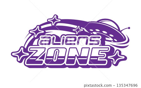 Space aliens zone and galaxy retro Y2K icon or badge. Universe research vintage vector element, space travel Y2K sign. Cosmos exploration icon with UFO flying saucer spaceship, stars and typography 135347696