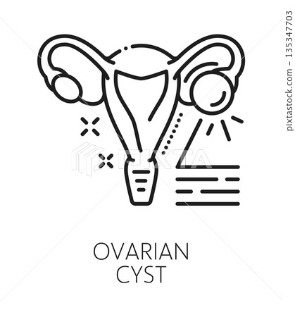 Ovarian cyst gynecology, fertility and medical line icon or label. Gynecology problem or disease, woman fertility icon, pregnancy medicine vector symbol. Urinary healthcare sign with sick uterus organ 135347703