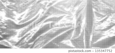 Halftone crumpled plastic texture. Old creased cellophane overlay. Dotted rough wrinkled film background. Aged crumpled surface in comic pop art style. Grainy cartoon gritty paper wallpaper. Vector 135347752
