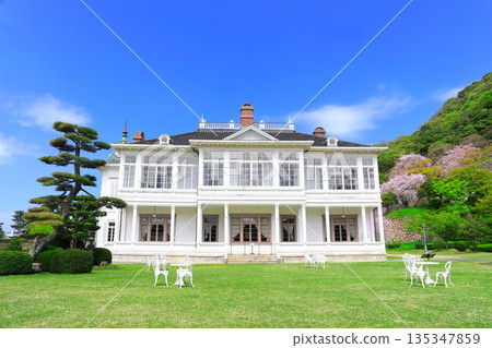 [Tottori Prefecture] Jinpukaku and cherry blossoms in full bloom on a clear day (Horyuin Temple Garden) 135347859