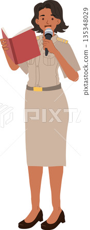 government officer public speaker woman in official uniform holding book and microphone government officer public speaker woman in official uniform holding book and microphone 135348029