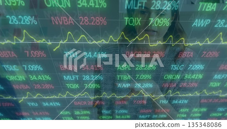 Monitoring two analysts reviewing data in office, with stock tickers, line graph on trading screen 135348086
