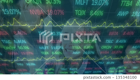 Finance analysts in suits analyzing in office with transparent screen showing stock tickers, graphs 135348100