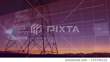 Showing transmission tower at dusk, with grid overlay and deleting files and processing text 135348122