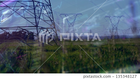 Rising steel lattice pylon over grassland, with power lines, digital graphics, copy space 135348127