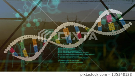 Floating stylized 3D double helix model moving above open fields with base pairs and code overlays Floating stylized 3D double helix model moving above open fields with base pairs and code overlays 135348128
