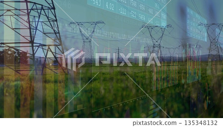 Displaying lattice transmission towers stretching across grassy field, with financial data overlays 135348132