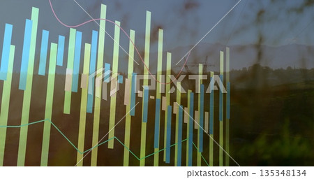 Displaying data overlay on hillside, with translucent bars, pink and green lines, crane silhouette 135348134