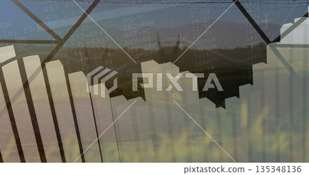 Displaying 3D bar chart in virtual space, with code strings, error text and mountain silhouette 135348136