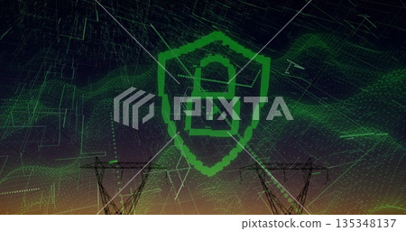 Pixelated green shield bearing padlock icon hovering over power towers at dusk, with grid lines 135348137