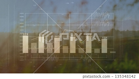 Displaying bar chart and line graph overlaying grassy field, with labels, grid lines and waveforms Displaying bar chart and line graph overlaying grassy field, with labels, grid lines and waveforms 135348142