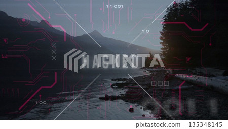 Displaying overlay featuring HACKED over dusk lakeshore with neon-red circuits and driftwood logs 135348145