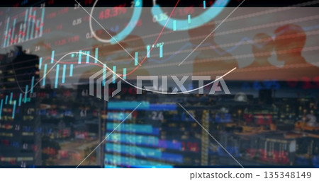 Overlaying financial charts onto nighttime skyline, showing candlestick bars and line chart 135348149