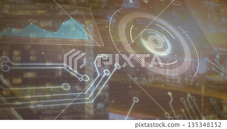 Displaying digital interface on screen, with grid lines connector lines radial gauge light dots Displaying digital interface on screen, with grid lines connector lines radial gauge light dots 135348152