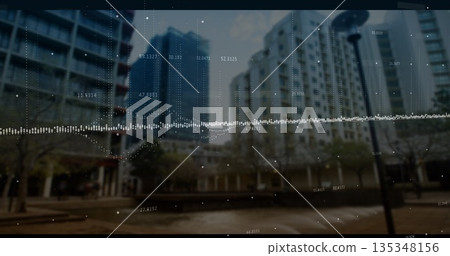 Displaying white digital waveform stretching across urban plaza, with tall buildings and data lines 135348156