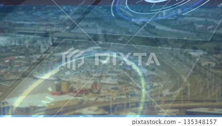 Displaying large glowing radar overlay scanning urban industrial area, with highways, HUD elements Displaying large glowing radar overlay scanning urban industrial area, with highways, HUD elements 135348157
