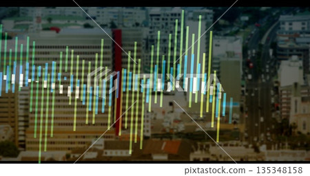 Showing multicolored vertical data bars overlaying cityscape downtown, with buildings and vehicles Showing multicolored vertical data bars overlaying cityscape downtown, with buildings and vehicles 135348158