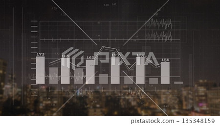 Displaying translucent bar and line chart overlaying nighttime city skyline, featuring numeric data Displaying translucent bar and line chart overlaying nighttime city skyline, featuring numeric data 135348159