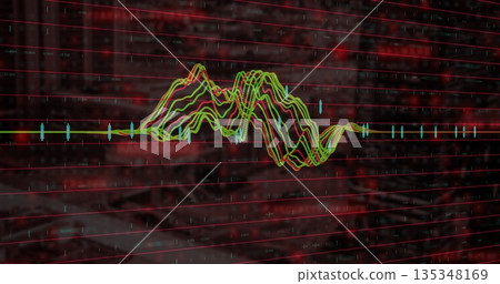 Visualizing colorful waveform lines pulsing over red grid at city street display with cyan markers 135348169