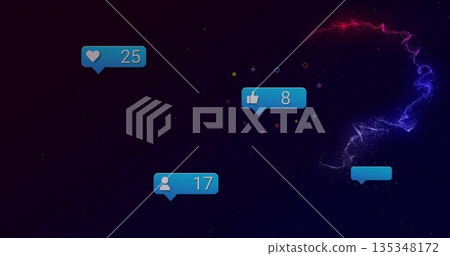 Floating blue notification bubbles showing 25 hearts, 8 likes, 17 users in app with red-blue swirl Floating blue notification bubbles showing 25 hearts, 8 likes, 17 users in app with red-blue swirl 135348172