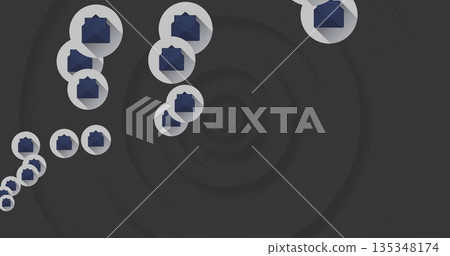 Floating light gray circular icons showing dark blue folders diagonally across gradient background 135348174