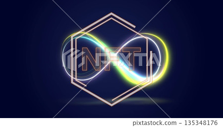 Displaying neon infinity loops around segmented hexagon in studio with pixelated NFT and reflection Displaying neon infinity loops around segmented hexagon in studio with pixelated NFT and reflection 135348176
