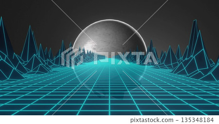 Glowing metallic sphere hovering over turquoise wireframe grid in virtual terrain with neon peaks 135348184