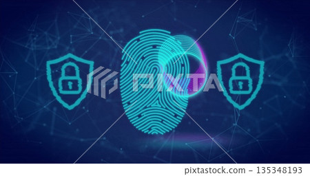 Showing fingerprint icon hovering over digital interface, with shield padlocks and network lines 135348193