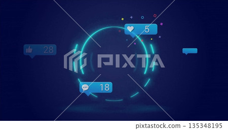 Floating glowing neon circular interface in digital space with social media icons and speech bubble Floating glowing neon circular interface in digital space with social media icons and speech bubble 135348195