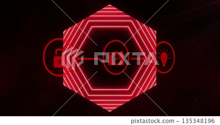 Displaying red neon hexagon with camera icon on virtual display, with padlock and lightbulb icons 135348196