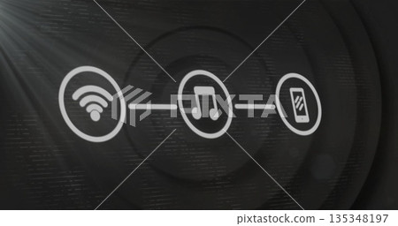 Displaying connecting lines between Wi-Fi icon, music note and smartphone icon on digital interface Displaying connecting lines between Wi-Fi icon, music note and smartphone icon on digital interface 135348197