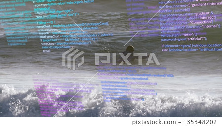Paddling surfer wearing dark wetsuit through choppy ocean swells, with surfboard and code overlay Paddling surfer wearing dark wetsuit through choppy ocean swells, with surfboard and code overlay 135348202