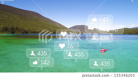 Paddling female kayaker wearing life jacket on mountain lake, with red kayak and social media icons Paddling female kayaker wearing life jacket on mountain lake, with red kayak and social media icons 135348203