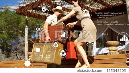 Couple lifting and passing vintage suitcases onto wooden deck in sunlit resort patio, pergola Couple lifting and passing vintage suitcases onto wooden deck in sunlit resort patio, pergola 135348205