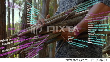 Holding man in grey sweater gripping slender wooden sticks in sunlit pine forest, with code overlay Holding man in grey sweater gripping slender wooden sticks in sunlit pine forest, with code overlay 135348211