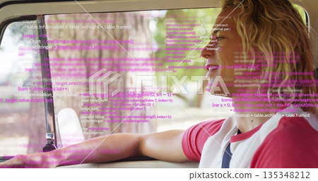 Driver in red T-shirt resting arm on parked car window frame, with code overlay, copy space Driver in red T-shirt resting arm on parked car window frame, with code overlay, copy space 135348212