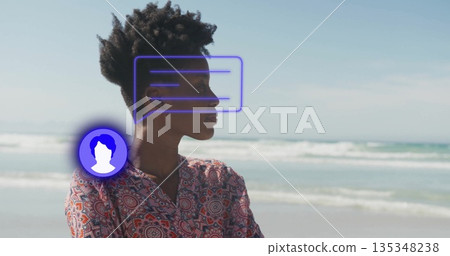 Gazing woman with curly hair, blouse at beach shore, speech bubble graphic, avatar icon, copy space 135348238