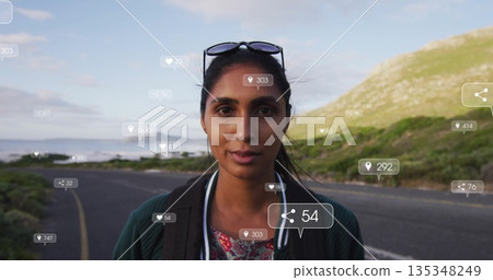 Standing woman wearing green cardigan with sunglasses on coastal road, with backpack and icons Standing woman wearing green cardigan with sunglasses on coastal road, with backpack and icons 135348249