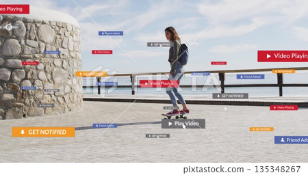 Woman in green top riding skateboard along sea path, with backpack, floating notifications Woman in green top riding skateboard along sea path, with backpack, floating notifications 135348267