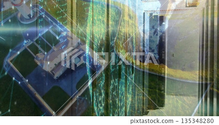 Displaying closed elevator doors merging rooftop overlay, with lawn, network nodes and glitch lines Displaying closed elevator doors merging rooftop overlay, with lawn, network nodes and glitch lines 135348280