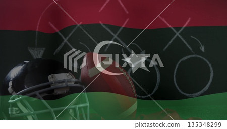 Displaying American football helmet and ball on chalkboard play diagram, with Libyan flag overlay Displaying American football helmet and ball on chalkboard play diagram, with Libyan flag overlay 135348299
