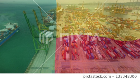 Showing aerial seaport quay with colorful containers, green gantry cranes and moored container ship 135348300
