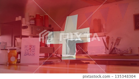 Displaying coffee counter with espresso machine and red cups at pop-up kiosk, with QR code sign Displaying coffee counter with espresso machine and red cups at pop-up kiosk, with QR code sign 135348304