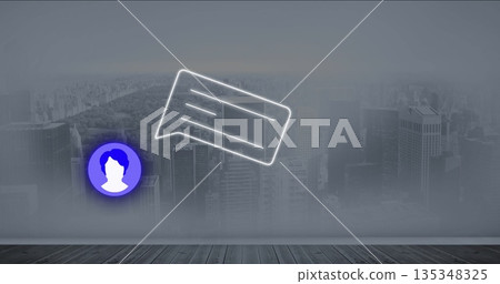 Floating neon white speech bubble icon above platform at office, displaying purple user avatar icon 135348325