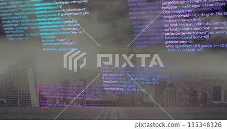 Hovering code snippets in blue and purple above rooftop wooden deck, with distant skyscrapers Hovering code snippets in blue and purple above rooftop wooden deck, with distant skyscrapers 135348326