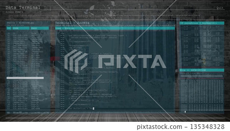 Projecting holographic terminal spanning concrete wall and floor, with user table and code editor 135348328