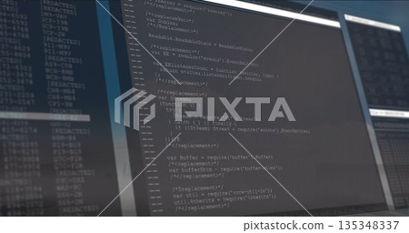 Showing dual monitors presenting JavaScript code and log entries on desk, with monitor stands 135348337