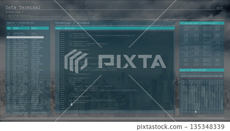 Displaying digital terminal interface panels on office monitor at dusk, with encryption data blocks Displaying digital terminal interface panels on office monitor at dusk, with encryption data blocks 135348339